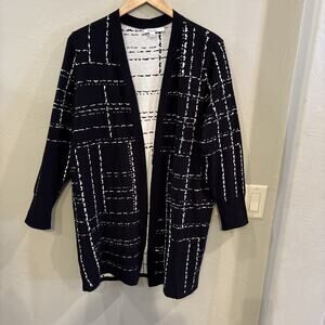 Chicos Long Sweater Cardigan Duster‎ Open Front Size 2 Large Black White Lines